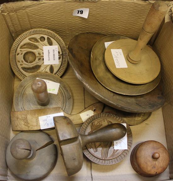 5 butter moulds and pats, 2 wooden darning mushrooms and 3 bowls